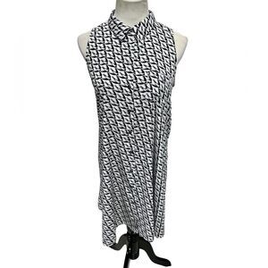 Alfani White Blue Bird Print Sleeveless Collared Button Down Dress Above Knee